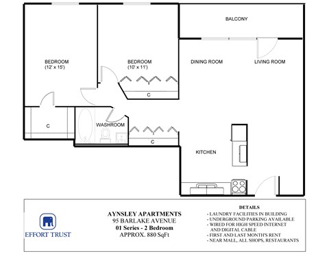 A floor plan for Aynsley Apartments shows a living room, two bedrooms, a dining room, a kitchen, a washroom and a balcony.